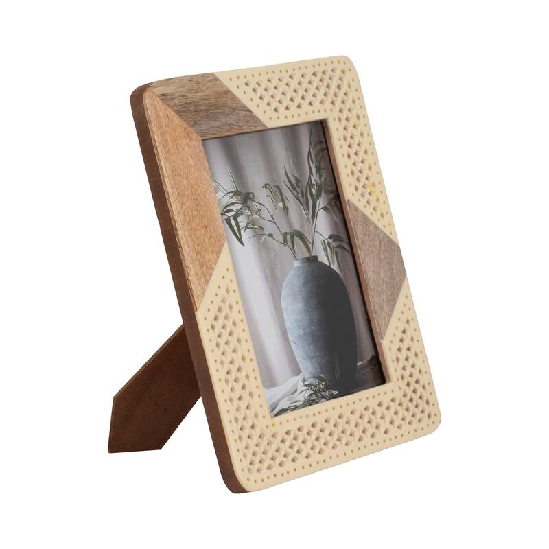 Sagebrook Home Modern Neutral Resin Ivory/Natural Wood and Woven Photo Frame