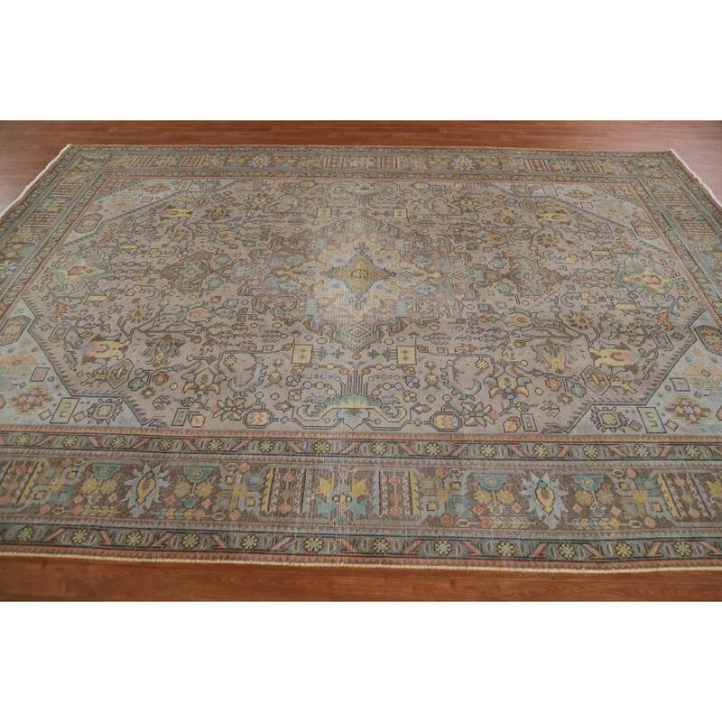 Hand Knotted Oriental 100% Wool Carpet Traditional Medallion Greys & Charcoal Tabriz Area Rug - 11' 2'' X 7' 11''