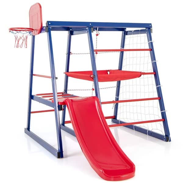 slide 2 of 9, Gymax 7-In-1 Kids Indoor Playground w/ Slide Climbing Net Crowling Red