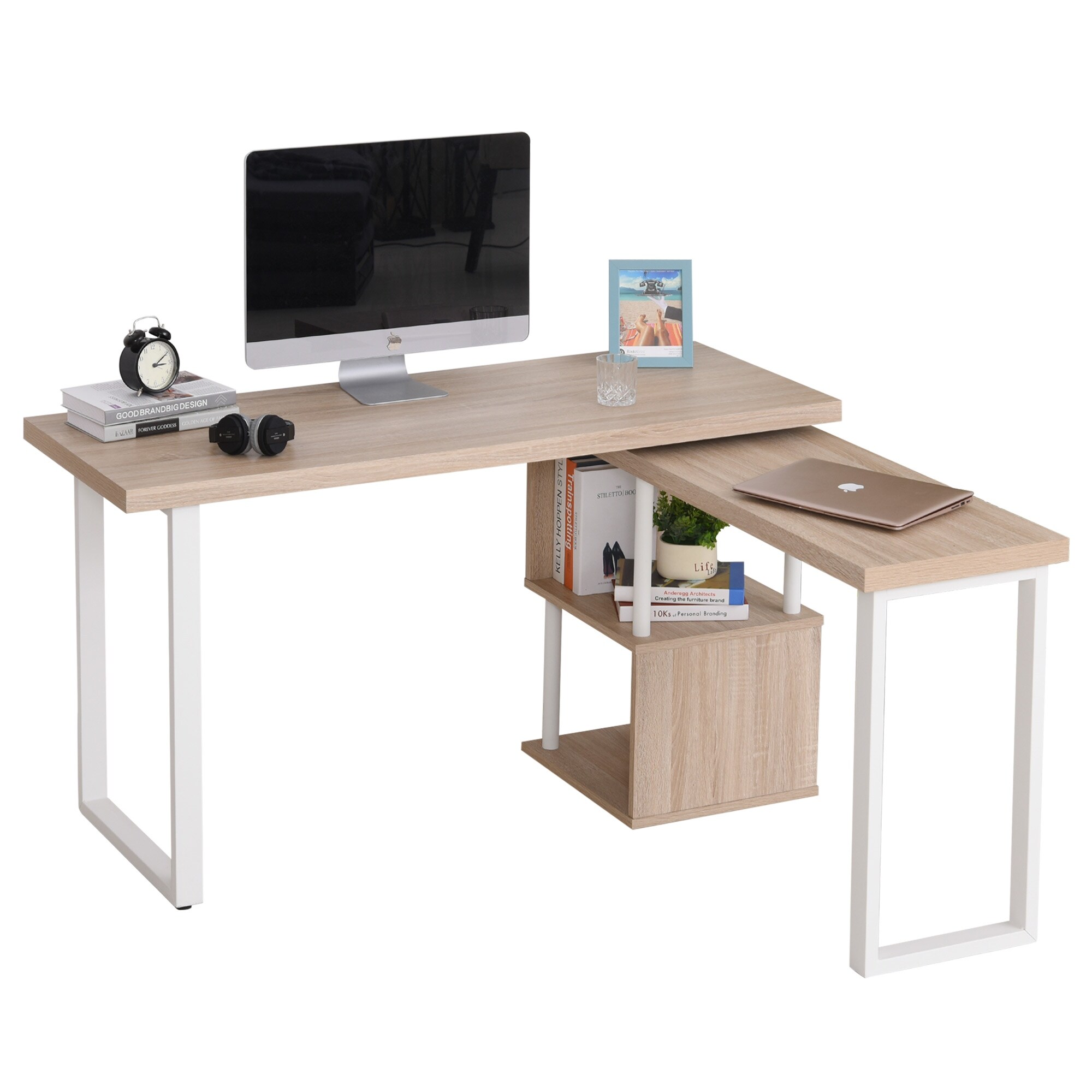 Homcom 360 Rotating Corner Desk L Shaped Pc Workstation Student Writing Table With Storage Shelf Home Office Oak Color Overstock 31925555