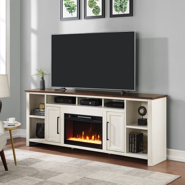 Bridgevine Home Modern 85 inch Fireplace TV Stand for TVS Up to 95 Inches White and Whiskey Finish