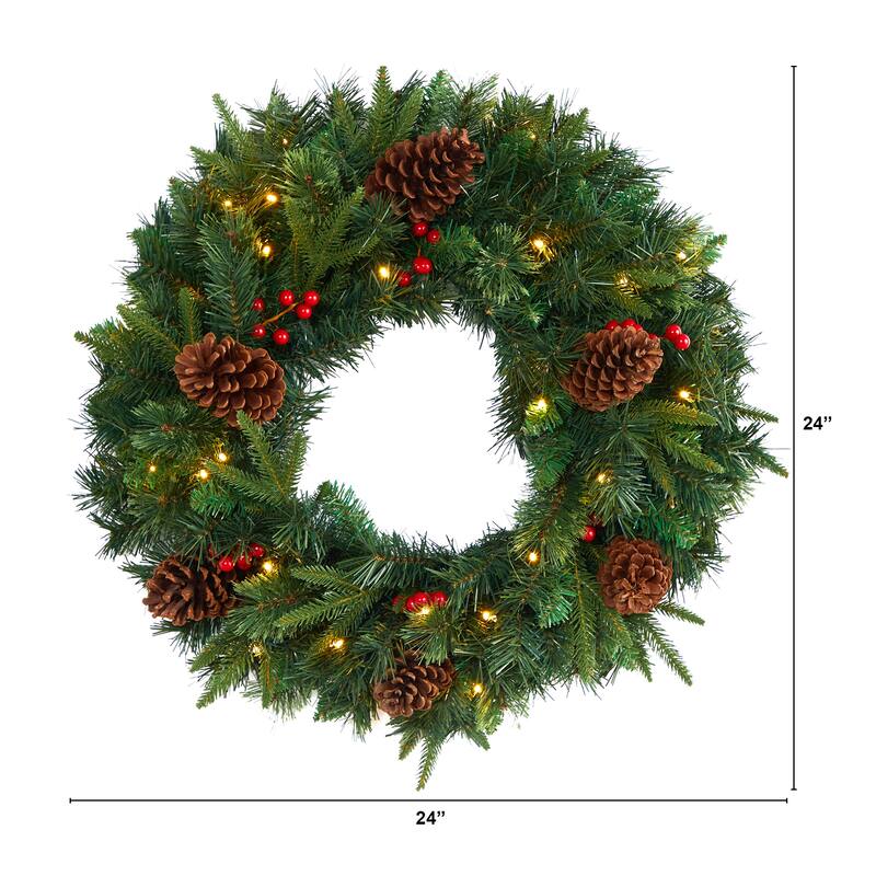 Pre-Lit Mixed Pine Artificial Christmas Wreath, 24-Inch, Clear LED Lights