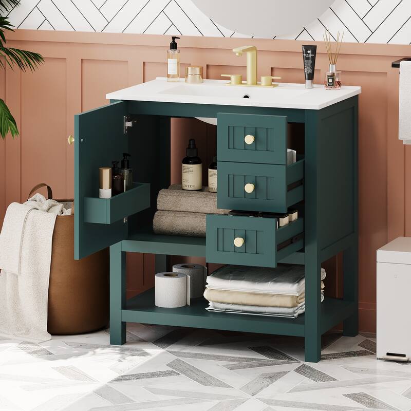 30-Inch Bathroom Vanity with Ceramic Sink, Elegant Transitional Design, Soft-Close Doors & Drawers for Efficient Storage