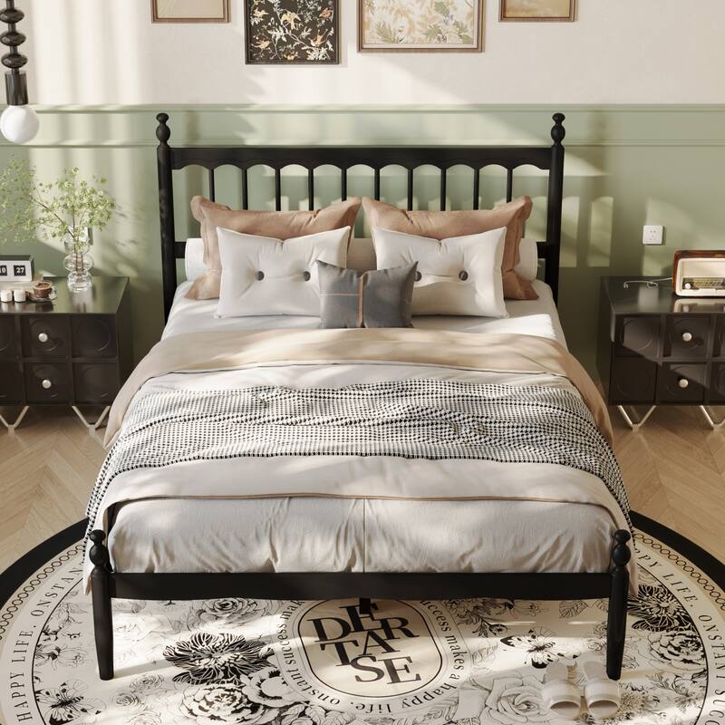 Solid Wood Bed Frame: Classic American - style Design with Black Finish and Rounded Post - tops