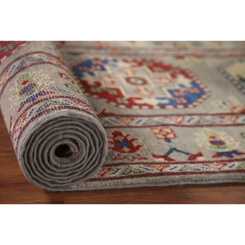Grey Kazak Runner Rug Handmade Geometric Wool Carpet - 2'9" x 13'5"