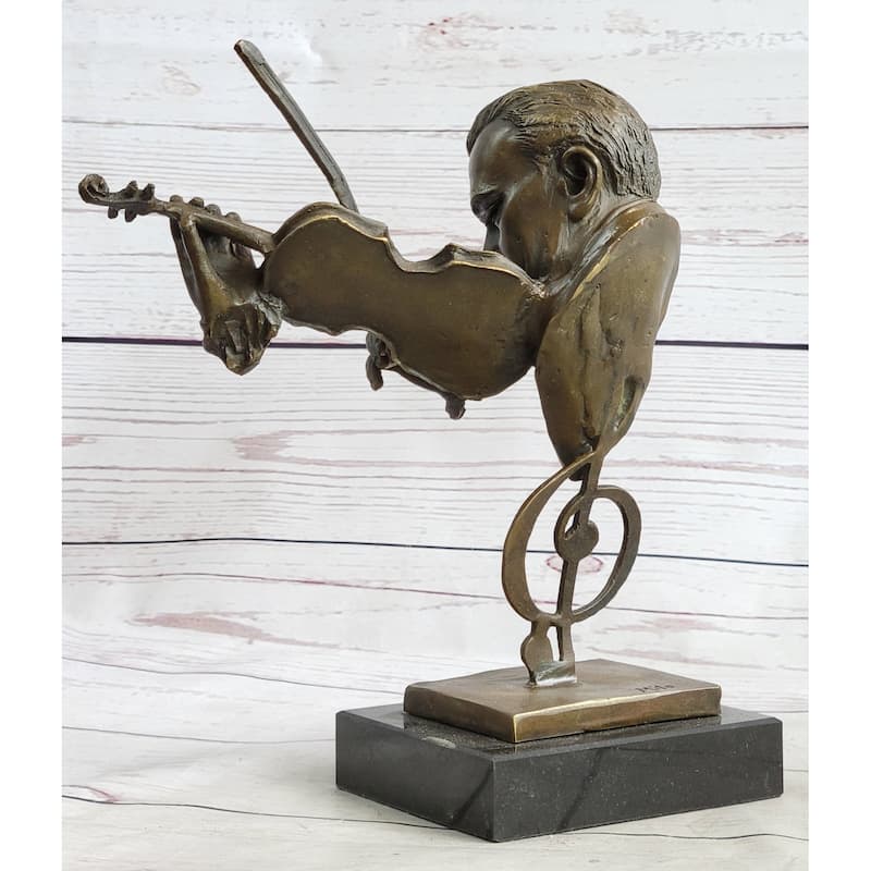 Signed Milo Abstract Man Playing Violin Bronze Bust Sculpture Marble Base Statue
