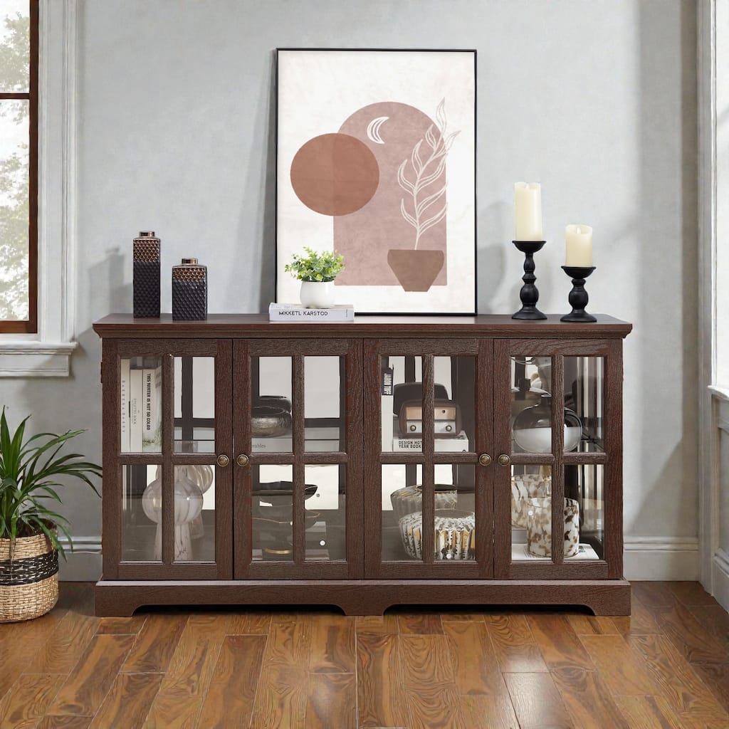 LED Antique Curio Display Cabinet with Glass Doors, 4 Door Vintage Showcase with Adjustable Shelves