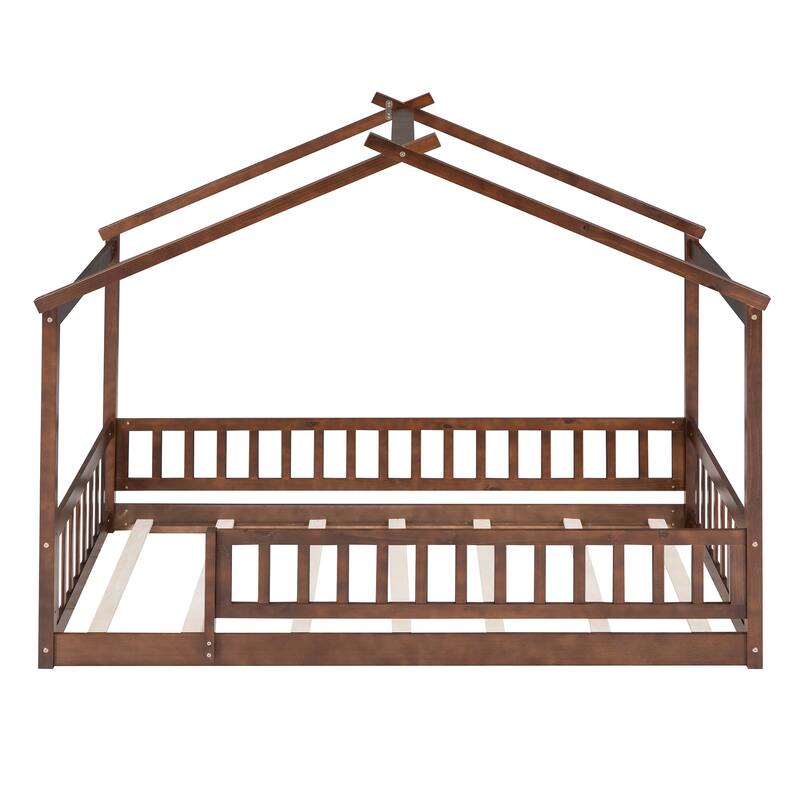 Twin Size Wooden House Bed Frame with Fence for Kids and Teens, Playhouse Design in Walnut