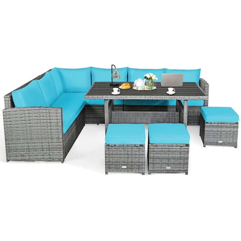 7 Pieces Patio Rattan Dining Furniture Sectional Sofa Set with Wicker Ottoman - Table: 52" x 30" x 26"