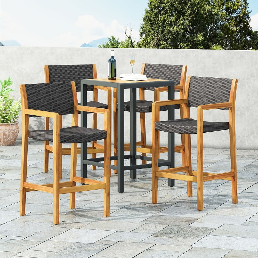 Genesee Outdoor Acacia Barstool with Wicker (Set of 4) by Christopher Knight Home