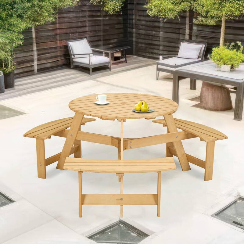 Outdoor 6 Person Round Picnic Table with Bench, Umbrella Hole for Garden, Backyard, Porch, Patio
