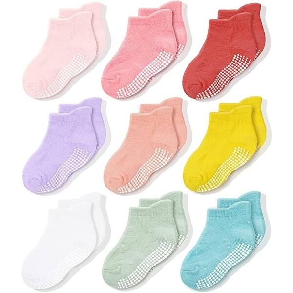 slide 2 of 6, CozyWay Non-Slip Ankle Style Socks with Grippers, 9 Pack, Assorted Colors, 1-3 Years