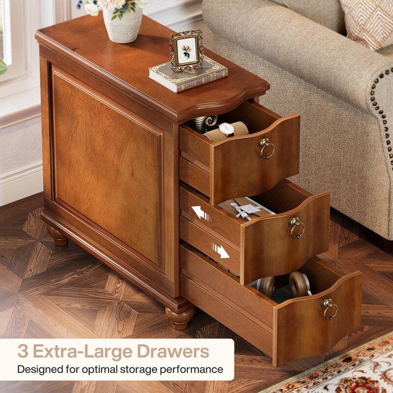 Wood Side Table with 3-Drawers, Fully Assembled Narrow Slim End Table, Nightstand for Bedside