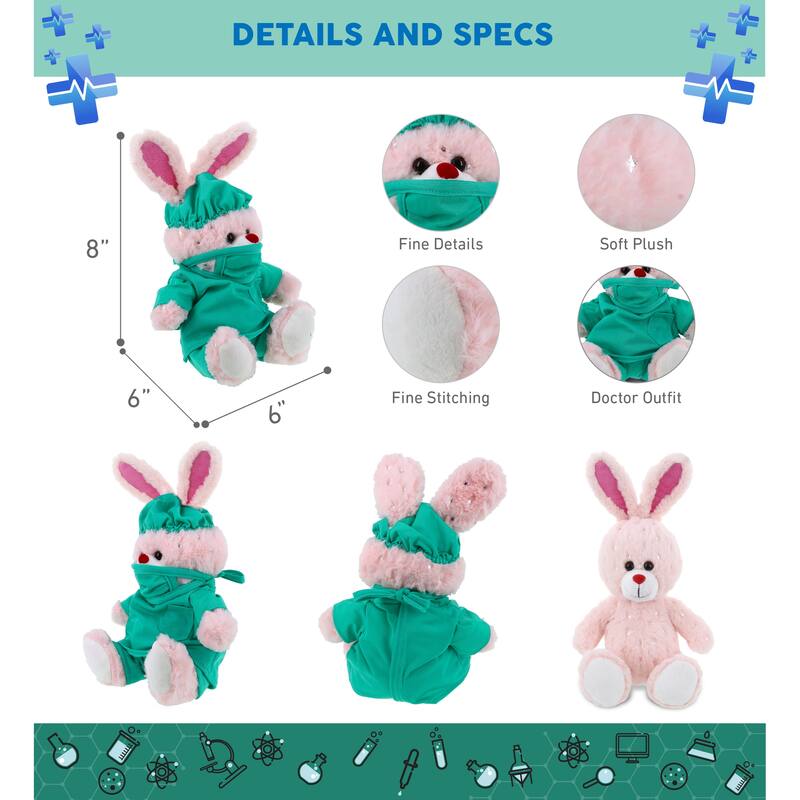 DolliBu Rose Gold Bunny Doctor Plush Toy with Scrub Uniform and Cap - 8 inches