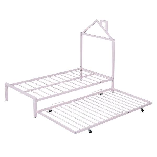slide 2 of 14, Twin Metal Platform Bed with Trundle & House-Shaped Headboard, Pink Pink - Twin