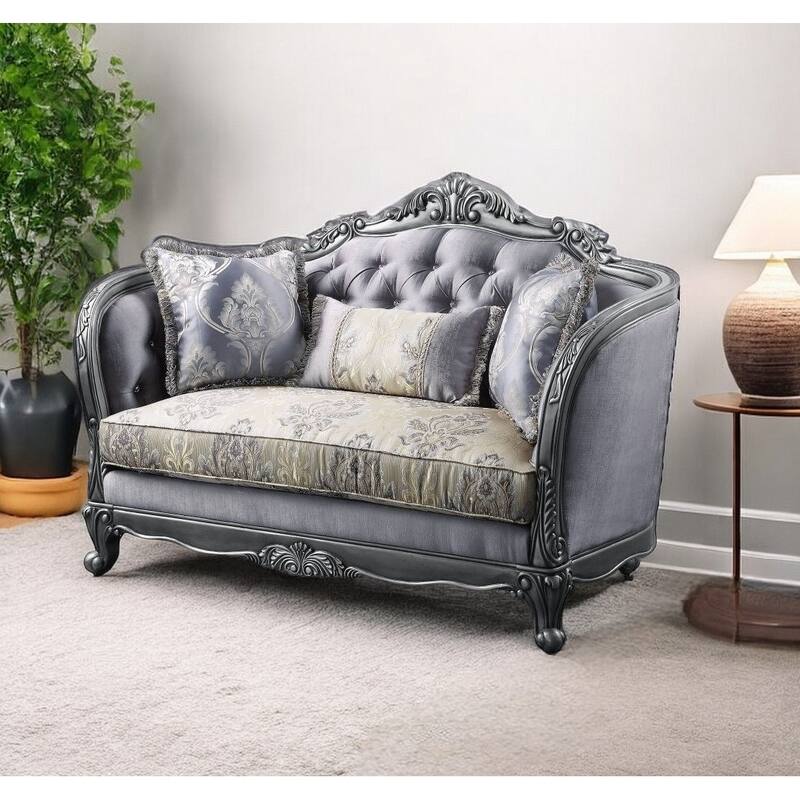 HomeRoots 65" Gray And Platinum Silk Blend Loveseat and Toss Pillows - Gray