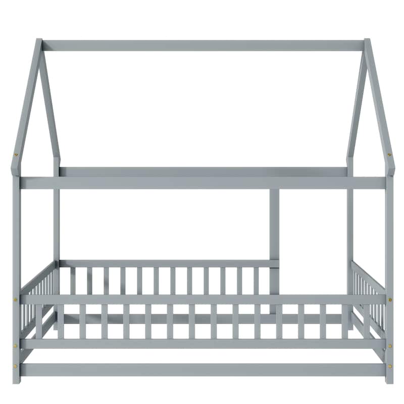 Full Size House Floor Wooden Bed with Roof Frame, Safety Guardrails,Grey