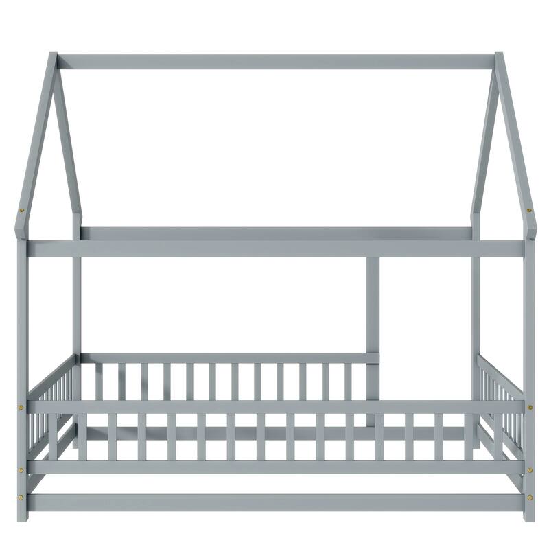 Full Size Rubber Wood Canopy Bed with Roof Frame and Safety Guardrails