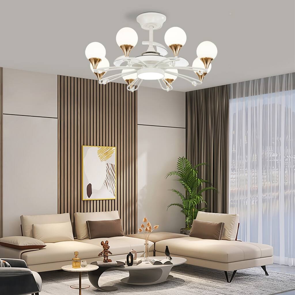 Modern Bedroom Chandelier with Fan and Remote, White Ceiling Light Fan with Milky Globe Led Lampshade