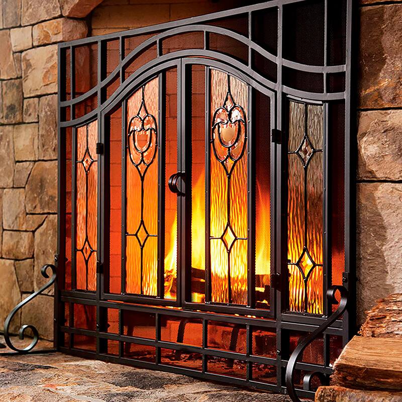 Large Two-Door Fireplace Screen with Glass Floral Panels - Black