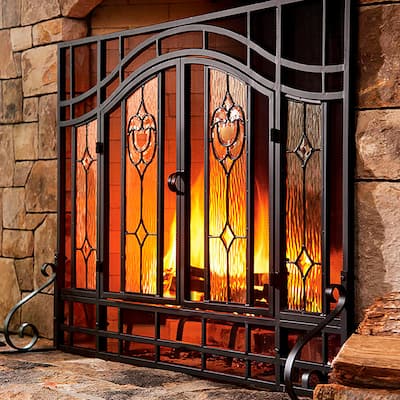 Large Two-Door Fireplace Screen with Glass Floral Panels - Black