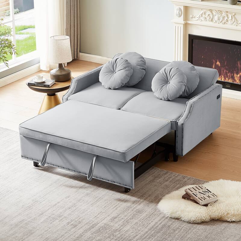 Loveseat Sofa Bed with Adjustable Button Tufted Backrest, 2 USB Ports and 4 Pillows