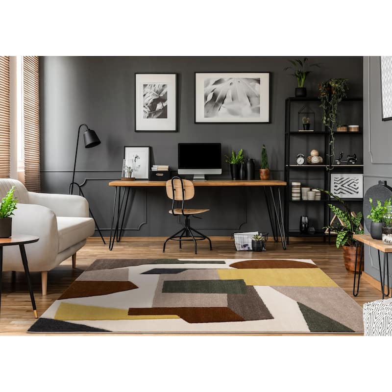 Green Yellow Brown White Blue Geometric High-Traffic Area Rug