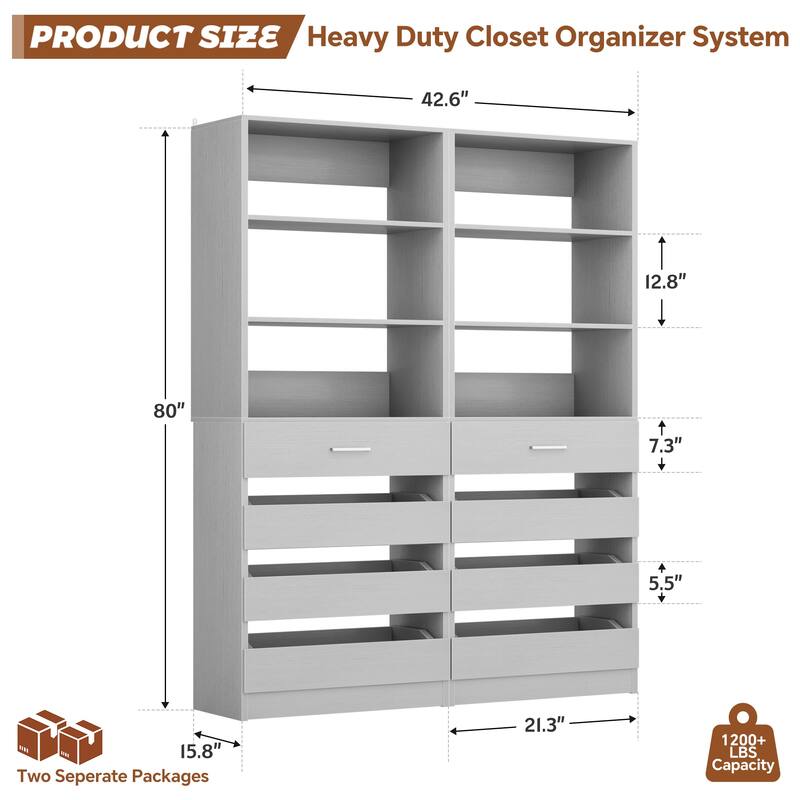 21.3'' W Closet System with 4 Wooden Drawers, 1.78FT Walk-in Closet Organizer Wardrobe with Adjustable Open Shelves