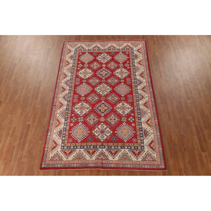 Geometric Kazak Area Rug Hand-Knotted Red Wool Carpet - 6'5" x 9'10"