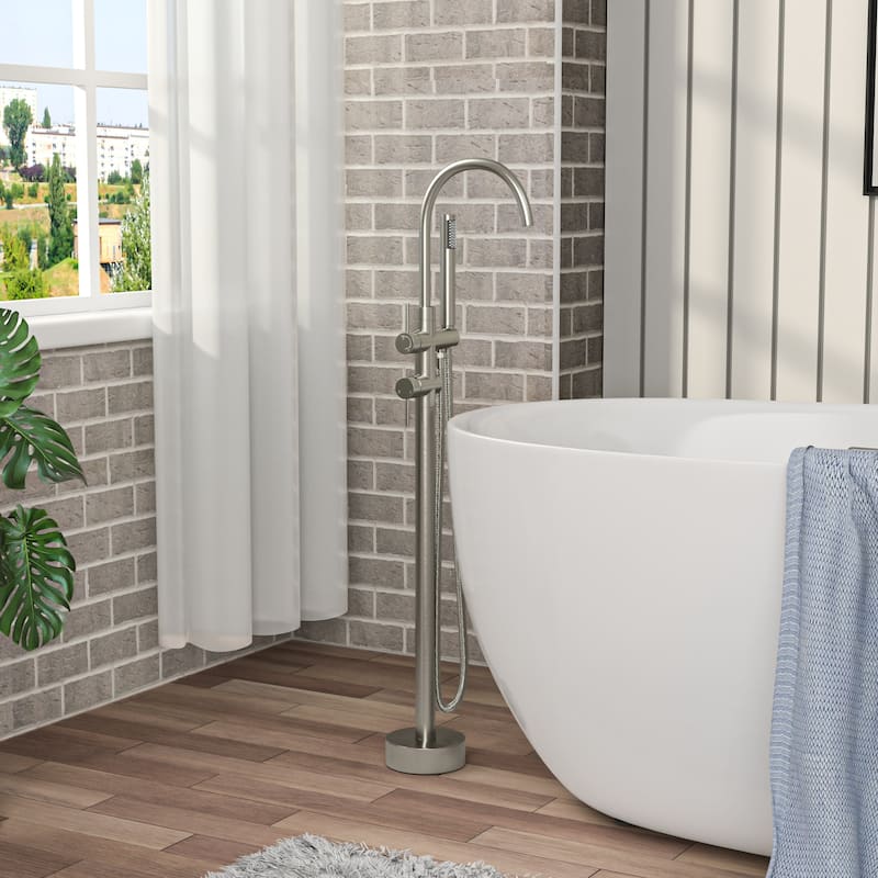 Freestanding Bathtub Faucet Floor Mount Tub Filler Matte Black, Swivel Gooseneck Spout with Cylinder Handheld - Brushed Nickel