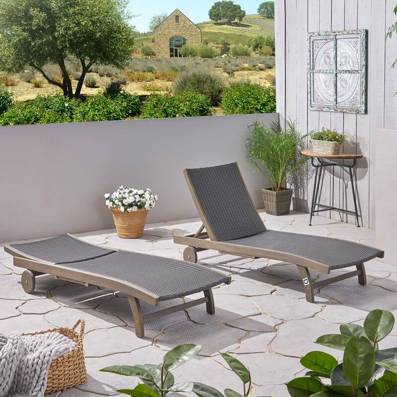 2-Piece Chaise Lounge Chairs with Wheels & Pull Out Side Tray, Adjustable Patio Wicker Reclining Chair