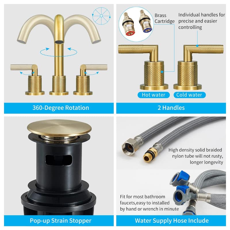 2 Handles Widespread Bathroom Sink Faucet 3 Holes Bathroom Faucet with Pop Up Drain Vanity Tap with CUPC Supply Hoses