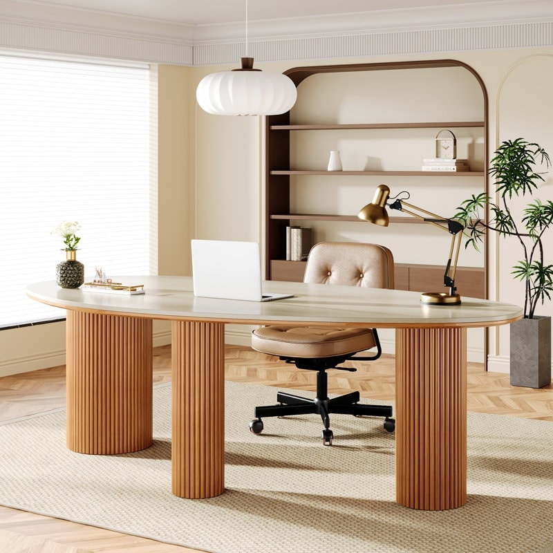 Large Sintered Stone Executive Computer Desk with Solid Wood Legs for Home Office