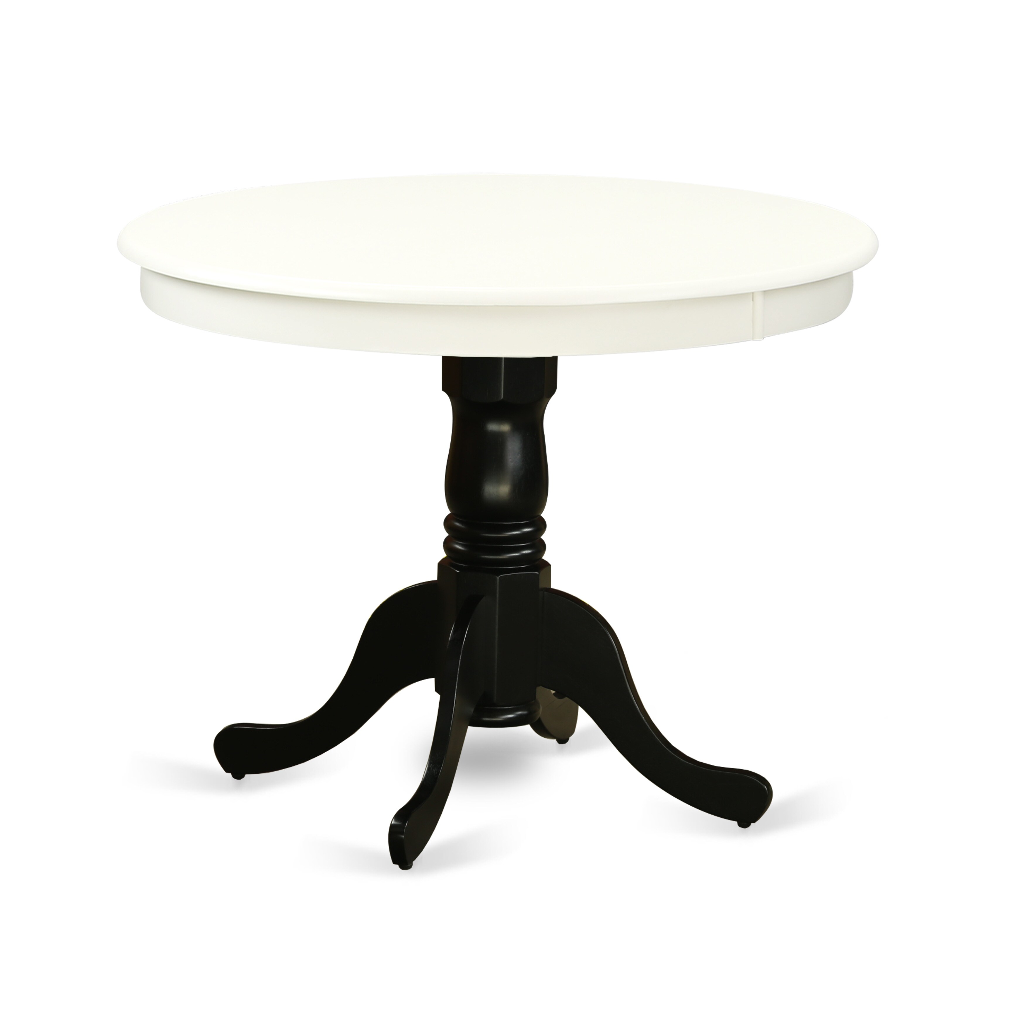 Antique 36" small round single pedestal kitchen table in black and linen white 