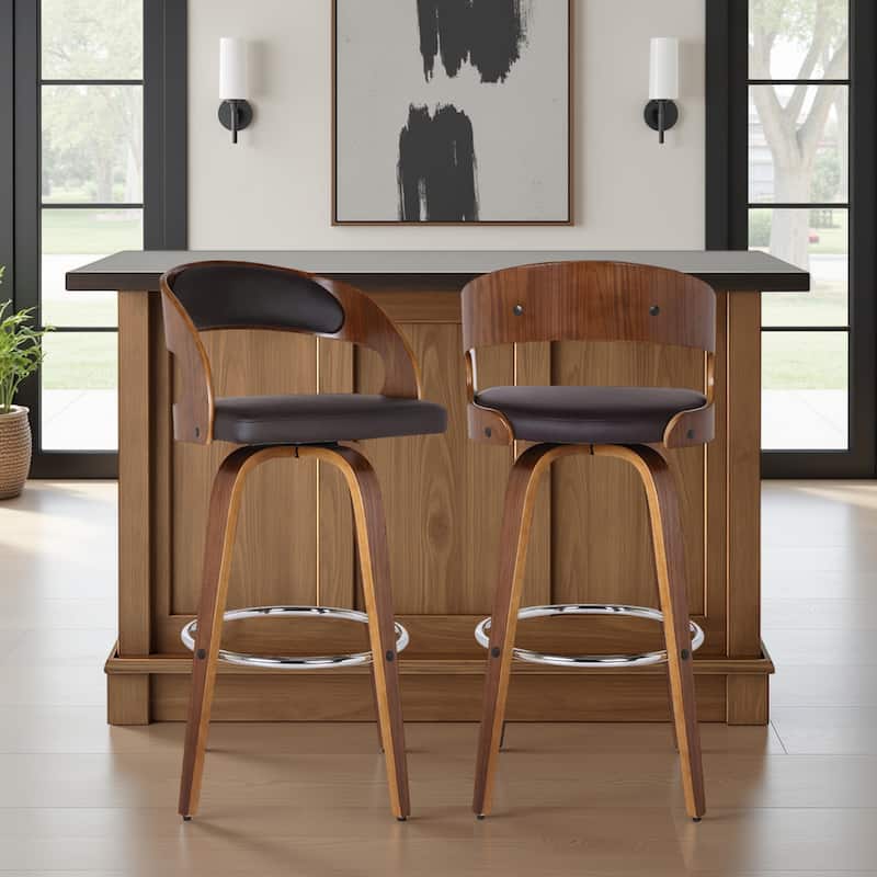 Shelly Mid-Century Swivel Bar Stool, Upholstered Counter Height Chair with Bentwood Legs - Brown & Walnut - Bar Height - Set of 2