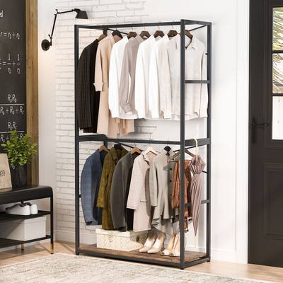 Closet Organizer with Double Hanging Rods, Freestanding Garment Closet Storage System - 2-Tier