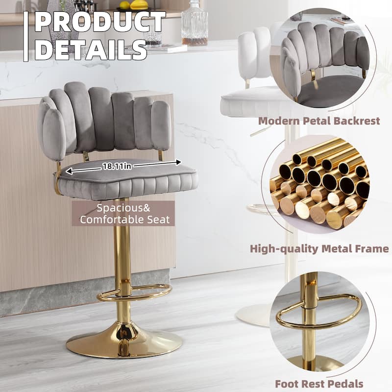 HOMEFUN Velvet Swivel Adjustable Height Scallop Bar Stools With Footrest(set of 2)