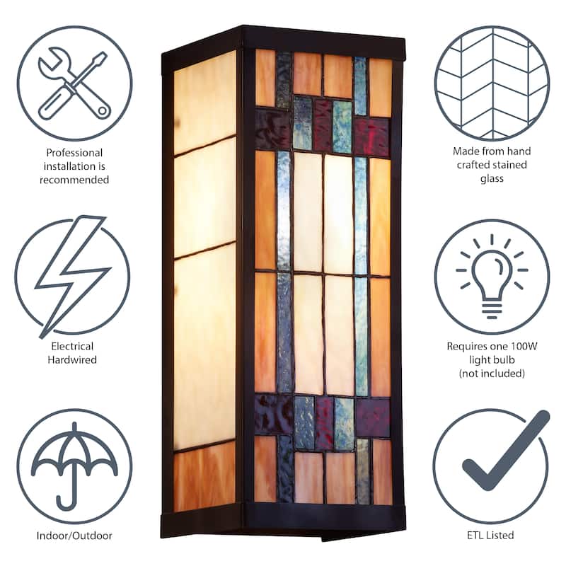 River of Goods Multicolor Stained Glass and Black Satin Rectangular 1-Light Outdoor Wall Sconce - 6.25" x 5.5" x 16.25"