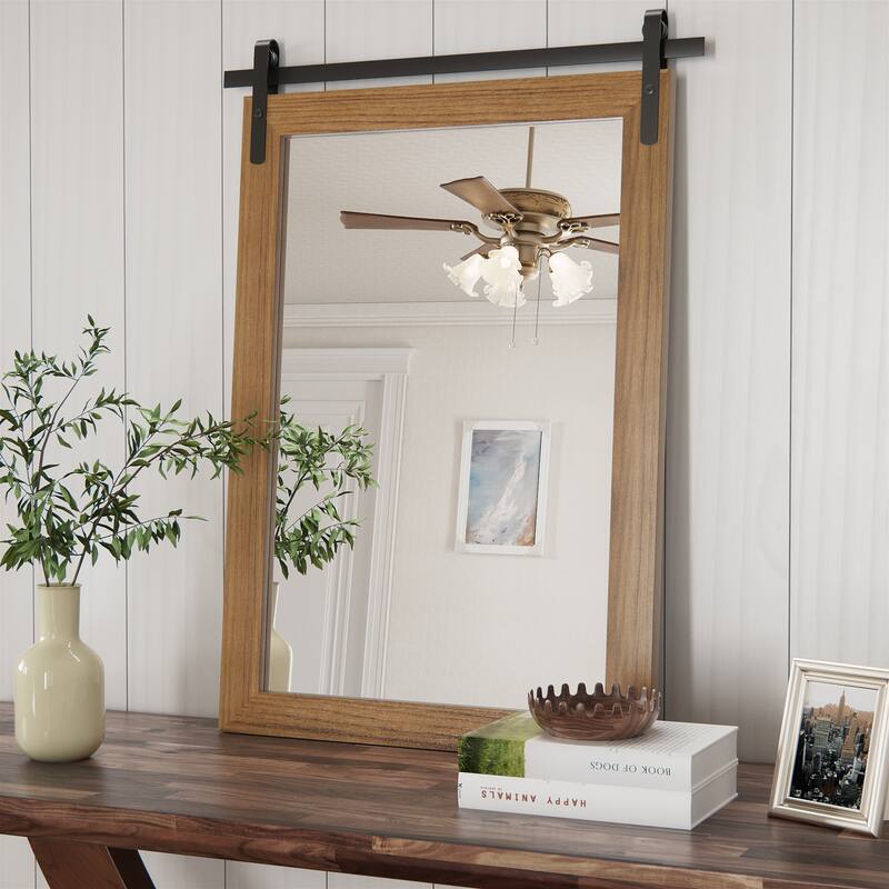Farmhouse Rectangular Wood Frame Wall Mirror, Rustic Barn Door Bathroom Vanity Mirror