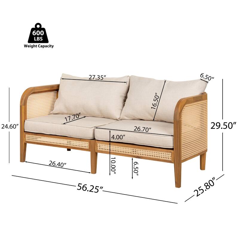 Roomfitters Kirkby Outdoor Acacia Wood Sofa with Wicker Back and Cushion, Boho Teak Finish
