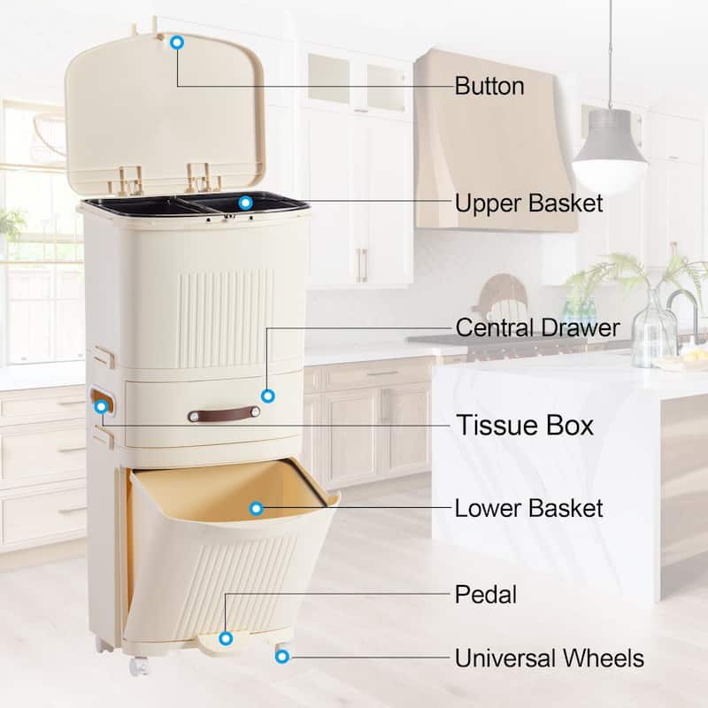 Plastic Trash Cans with Wheels, Garbage Can with Pop-up Lid, 45L/11.88Gal, Dry and Wet Separation Trash Bin, Waste Basket
