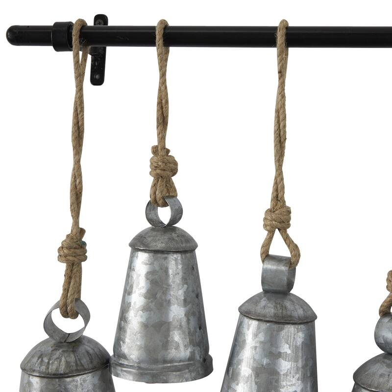 Gray or Bronze Metal Tibetan Inspired Decorative Cow Bell with Jute Hanging Rope and Rod