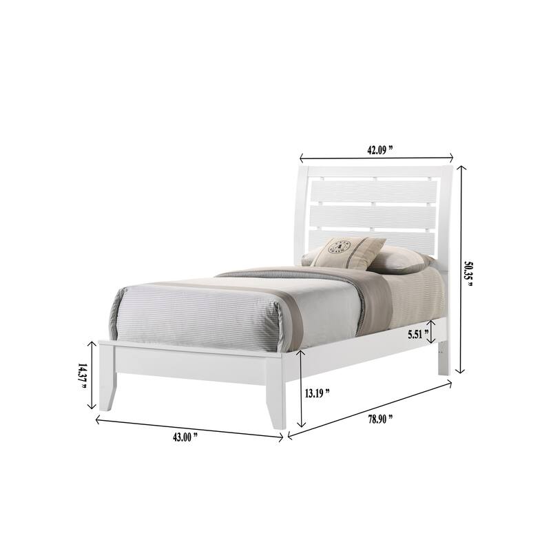 Twin Size White Geometric Design Wooden Panel Bed with Softly Curved Headboard
