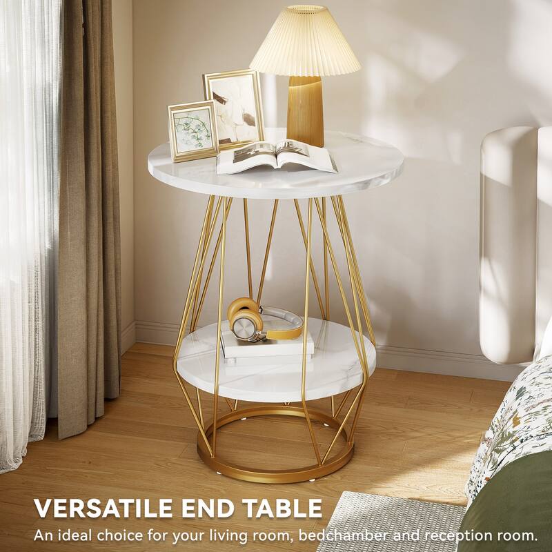Moasis Modern 2-Tier Faux Marble Side Table Chairside Table with Shelf for Living Room