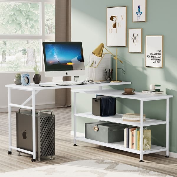 Teraves Reversible Computer Desk for Small Spaces with Shelves