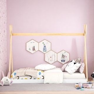 Full Size Tent Floor Kids Bed Frame with Triangle Structure and Safety Railings for Kids, Special Design, White+Natural