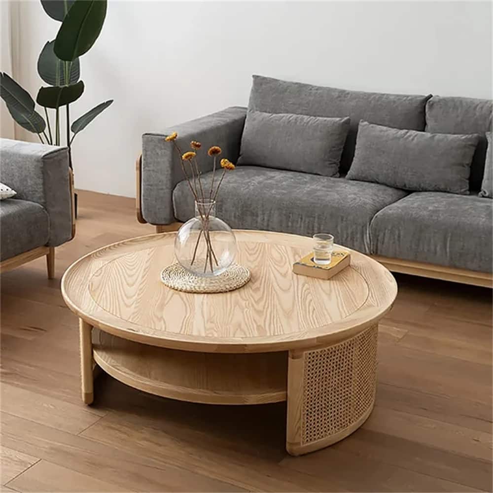 JASIWAY 2-Tiered Round Wood Coffee Table with Rattan Base