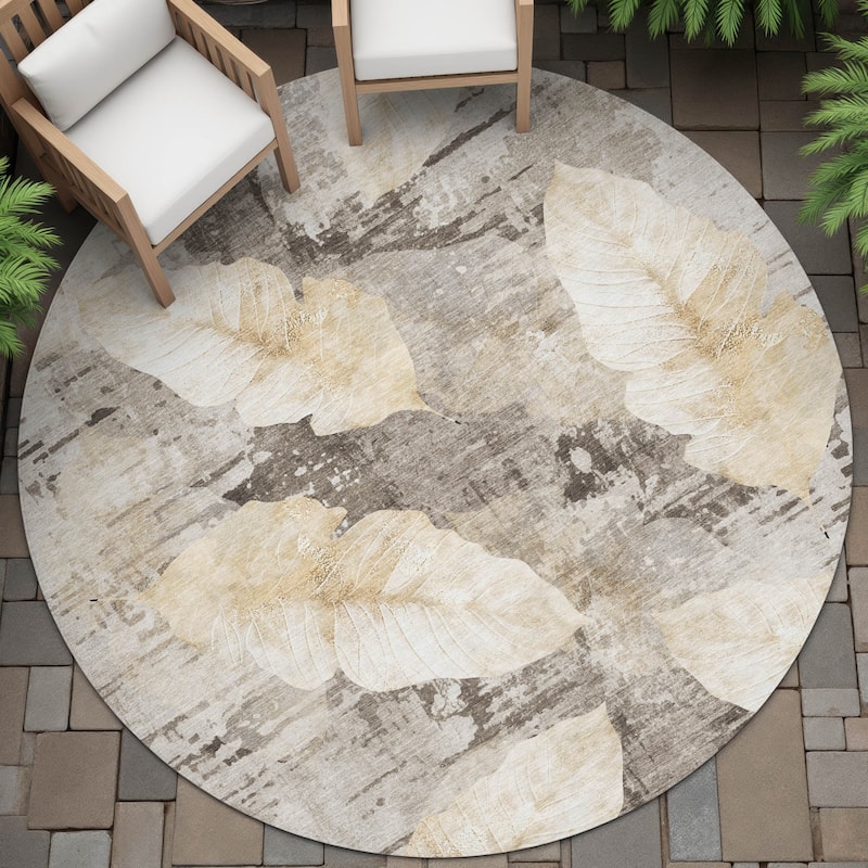 Machine Washable Indoor/Outdoor Modern Leaf Chantille Rug - Brown - 8' x 8'