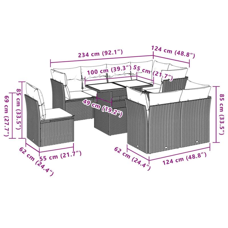 vidaXL Patio Sofa Set with Cushions Modular Outdoor Seating 9 Piece Poly Rattan - 24.4 x 24.4 x 27.2