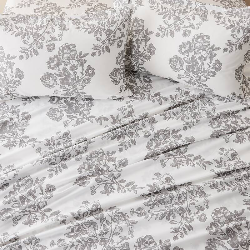 Linery & Co. Ultra-Soft Brushed Holiday-Printed Microfiber Sheet Set - Full - Toile - Grey